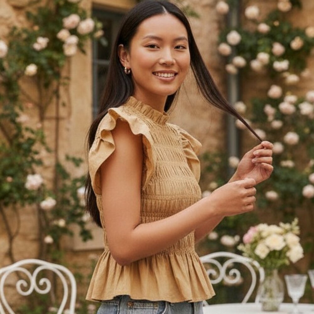 Tuckernuck Hyacinth House Nadine Blouse Tan Smocked High Neck Peplum Top XXL NWT - Picture 2 of 7